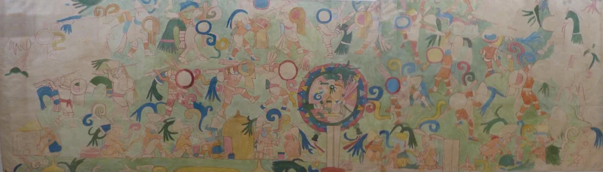 Część muralu po południowo-zachodniej stronie Świątyni Jaguarów w Chichen Itza. Z akwareli namalowanej przez Adelę Breton w Chichén Itzá około 1907 r., w zbiorach Muzeum i Galerii Sztuki w Bristolu